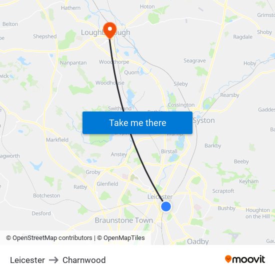Leicester to Charnwood map