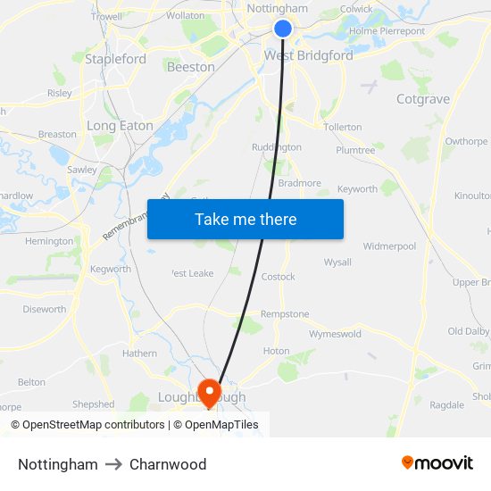 Nottingham to Charnwood map