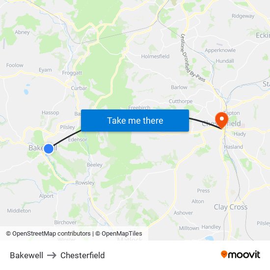 Bakewell to Chesterfield map