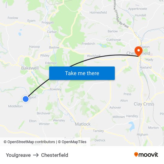 Youlgreave to Chesterfield map