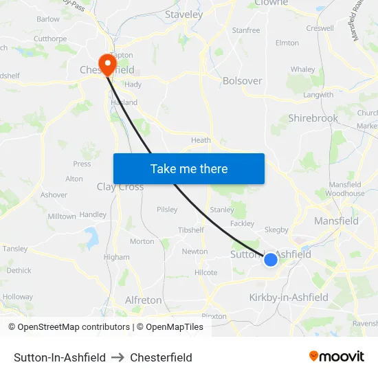 Sutton-In-Ashfield to Chesterfield map
