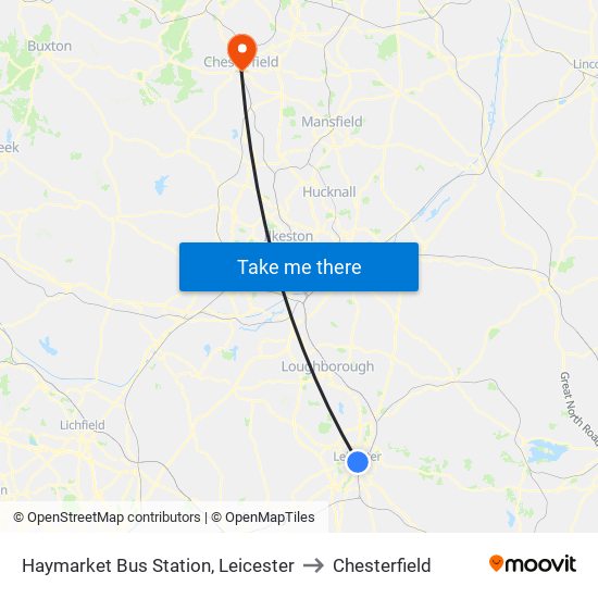 Haymarket Bus Station, Leicester to Chesterfield map