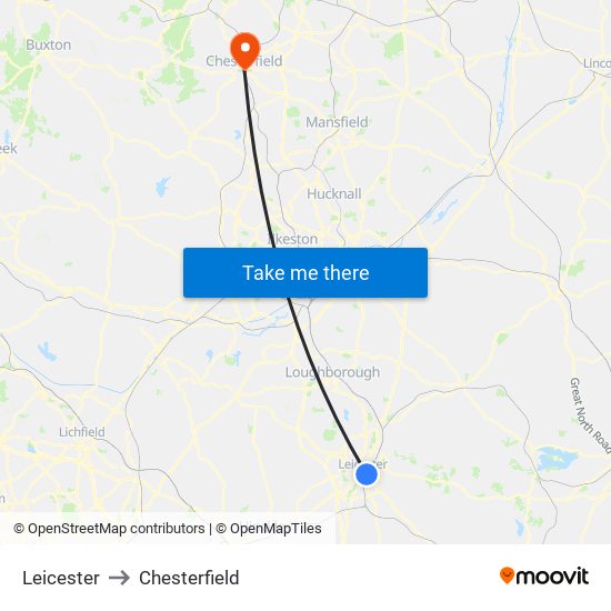 Leicester to Chesterfield map