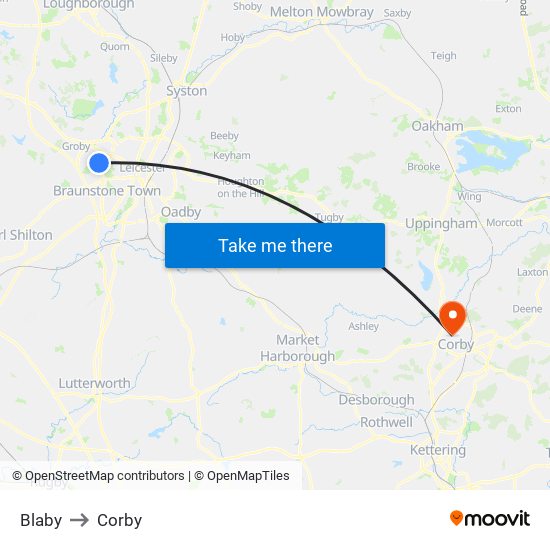 Blaby to Corby map