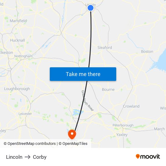Lincoln to Corby map