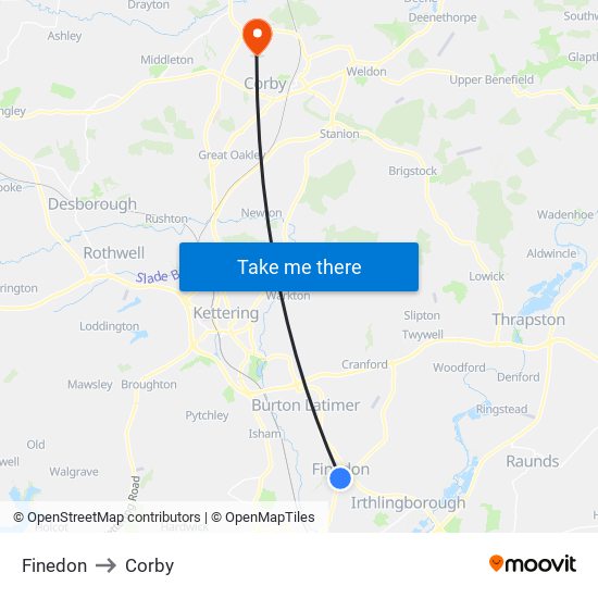 Finedon to Corby map