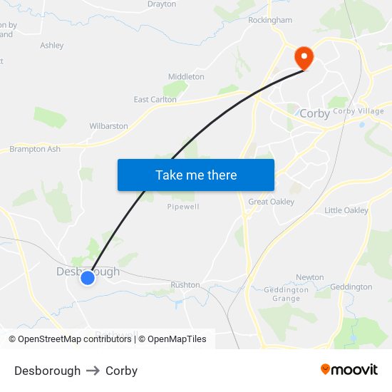 Desborough to Corby map