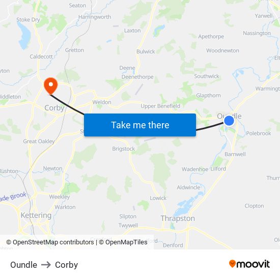 Oundle to Corby map