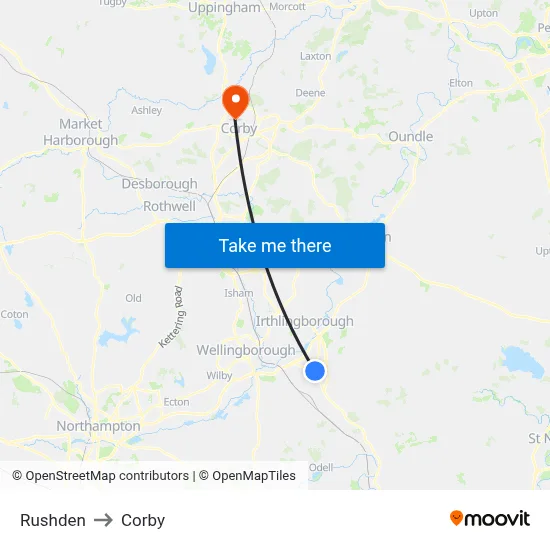Rushden to Corby map