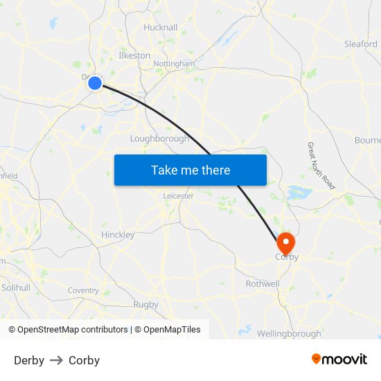 Derby to Corby map