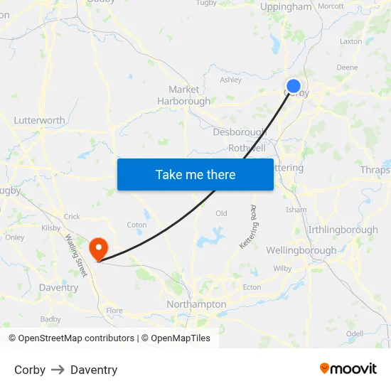 Corby to Daventry map