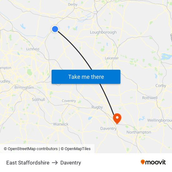 East Staffordshire to Daventry map