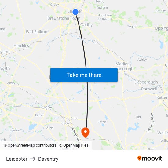 Leicester to Daventry map