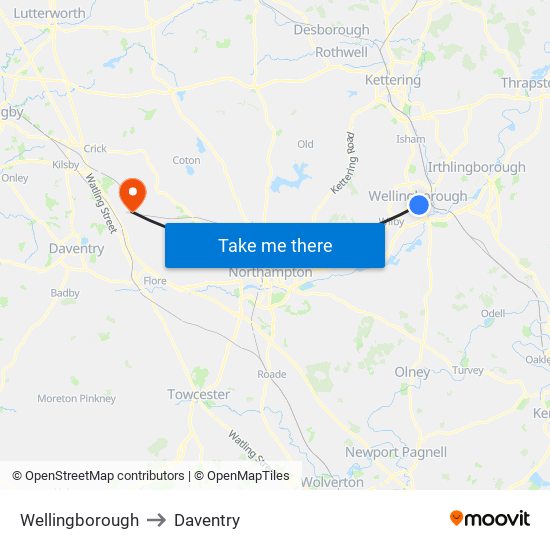 Wellingborough to Daventry map