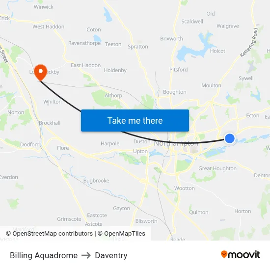 Billing Aquadrome to Daventry map