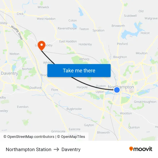 Northampton Station to Daventry map