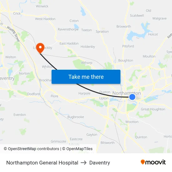 Northampton General Hospital to Daventry map