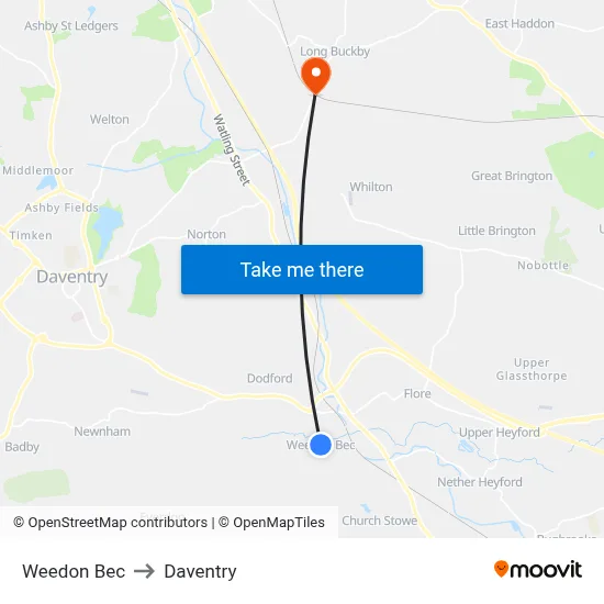 Weedon Bec to Daventry map
