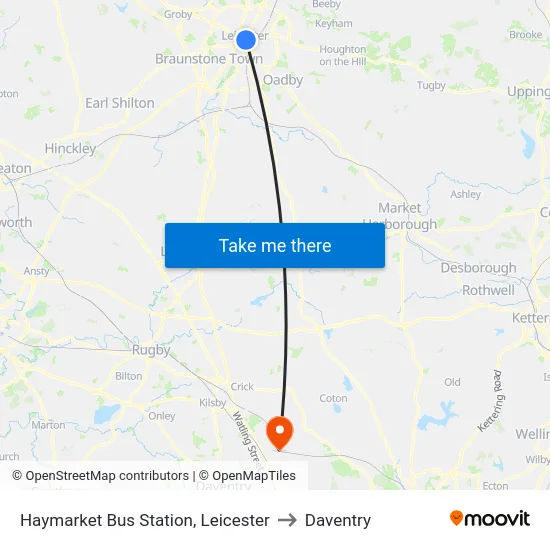 Haymarket Bus Station, Leicester to Daventry map
