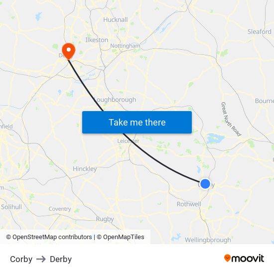 Corby to Derby map