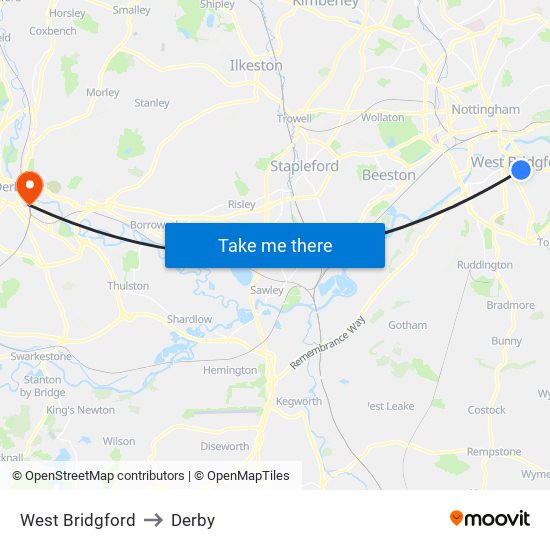 West Bridgford to Derby map