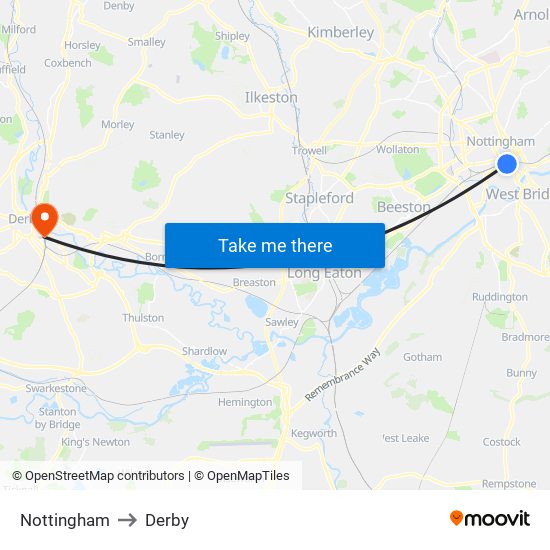 Nottingham to Derby map