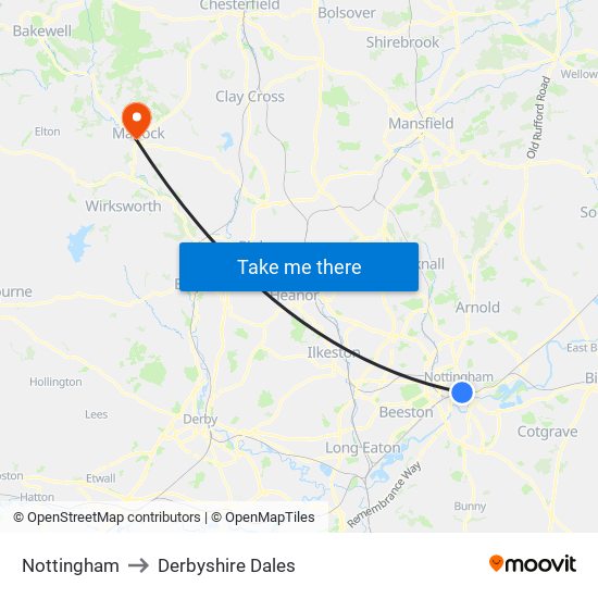 Nottingham to Derbyshire Dales map