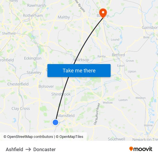 Ashfield to Doncaster map