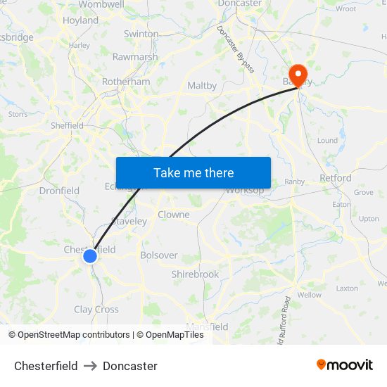 Chesterfield to Doncaster map