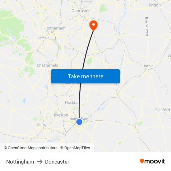 Nottingham to Doncaster map