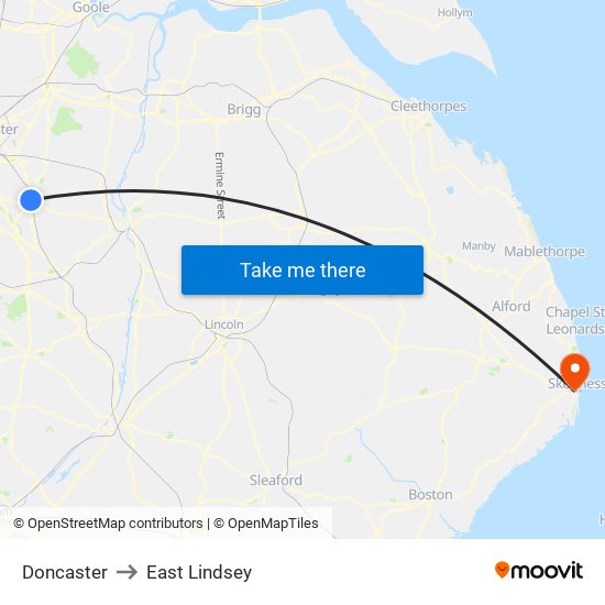 Doncaster to East Lindsey map