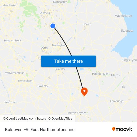 Bolsover to East Northamptonshire map