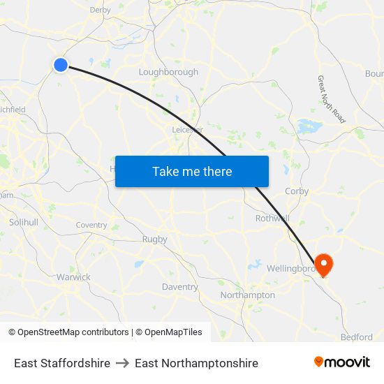 East Staffordshire to East Northamptonshire map