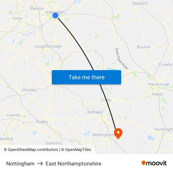 Nottingham to East Northamptonshire map