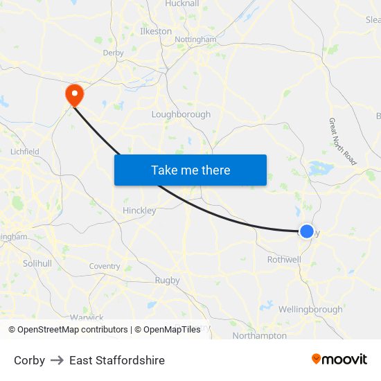 Corby to East Staffordshire map