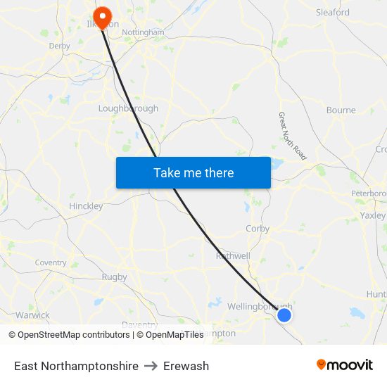 East Northamptonshire to Erewash map