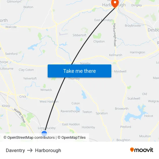 Daventry to Harborough map