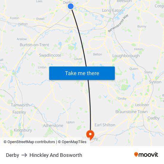 Derby to Hinckley And Bosworth map