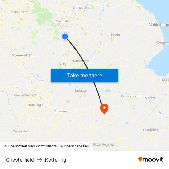 Chesterfield to Kettering map