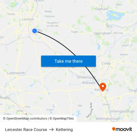 Leicester Race Course to Kettering map