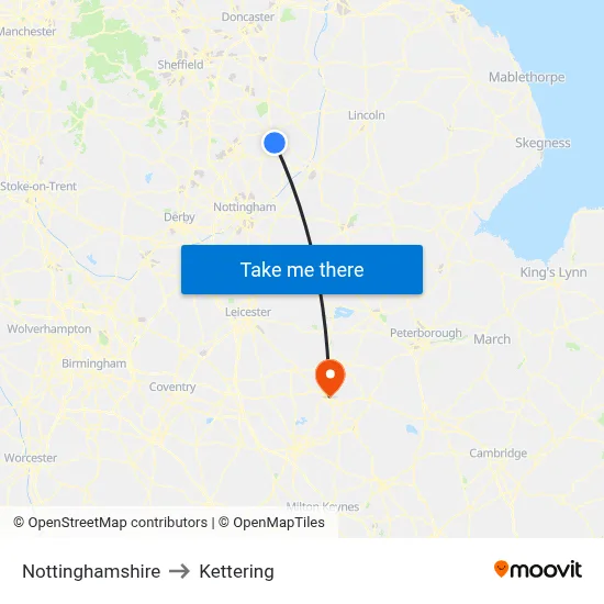 Nottinghamshire to Kettering map