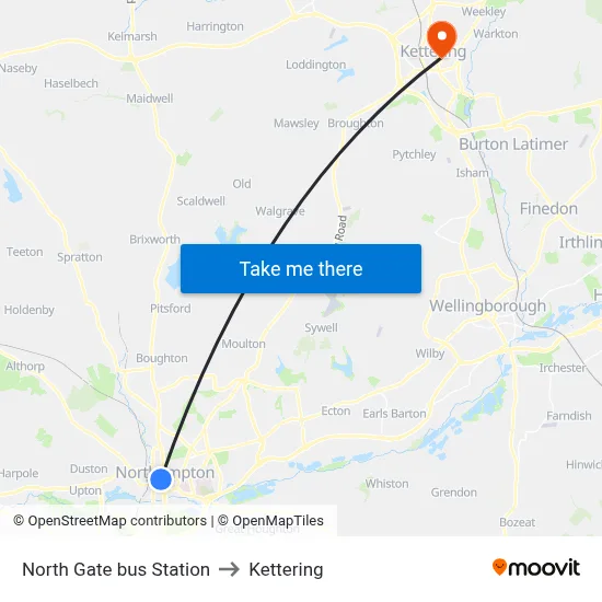 North Gate bus Station to Kettering map
