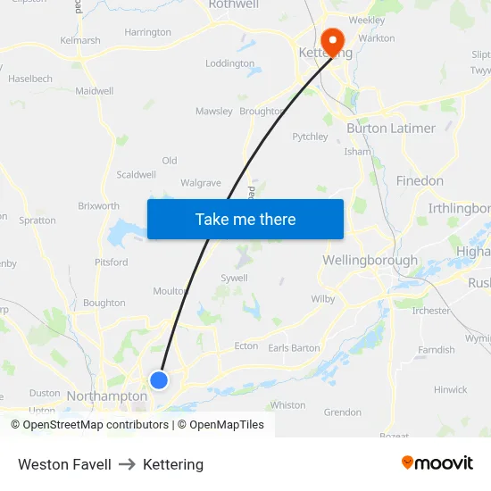Weston Favell to Kettering map