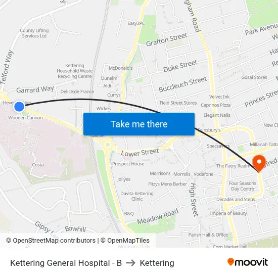 Kettering General Hospital - B to Kettering map