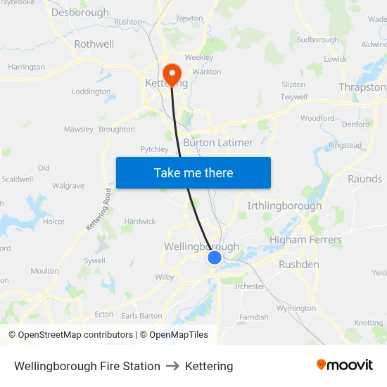 Wellingborough Fire Station to Kettering map