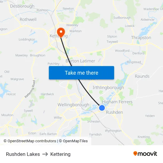 Rushden Lakes to Kettering map