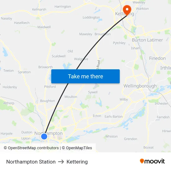 Northampton Station to Kettering map