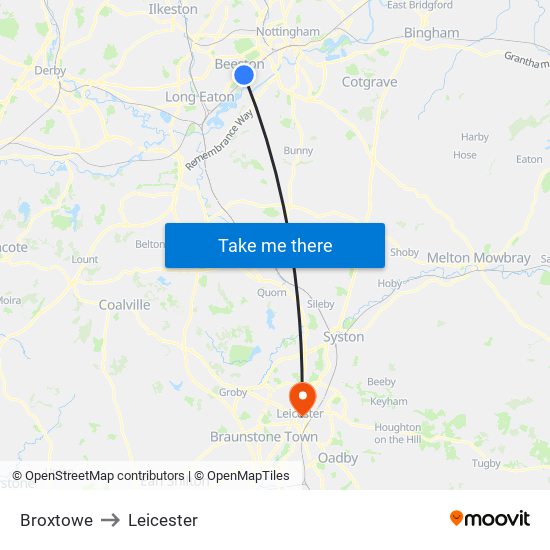 Broxtowe to Leicester map