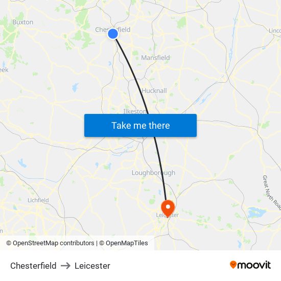 Chesterfield to Leicester map