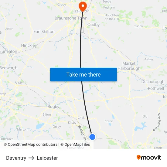 Daventry to Leicester map